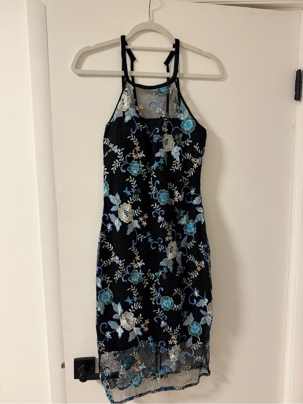 Guess Black Midi Dress with Blue and Cream Floral Embroidery